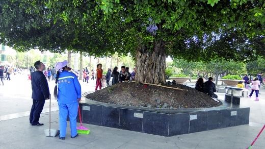 物管人員打算拆除小帳篷（白圈），小孩在一旁依依不舍