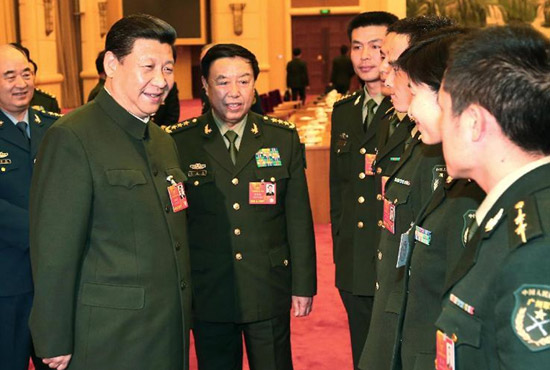 中共中央總書記、中共中央軍委主席習(xí)近平出席十二屆全國(guó)人大一次會(huì)議解放軍代表團(tuán)全體會(huì)議并發(fā)表重要講話。