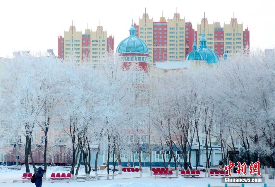 12月10日,受降溫天氣影響,黑河市黑龍江江畔出現(xiàn)綿延數(shù)公里的霧凇景觀。