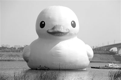 昨日，經(jīng)過連夜修正，大黃鴨的嘴部已恢復變寬，和在香港展出時看起來一樣。