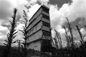 這幢5層的“片片樓”周?chē)咽且黄疬w后的廢墟，左邊的一堵墻上，不少鋼筋裸露在外面 圖片來(lái)源：新華網(wǎng)