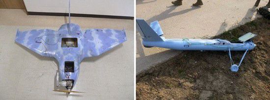 左圖為3月24日在韓國首爾北部墜毀的無人機，右圖為3月31日在韓國西部海域白翎島墜毀的無人機