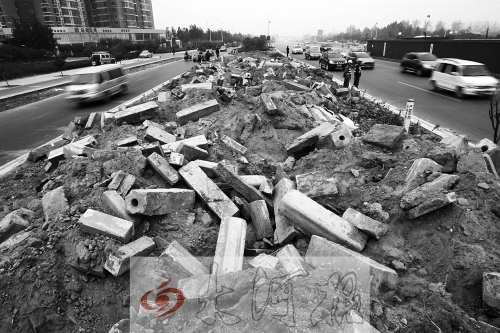 中州大道部分路段，綠化帶成了垃圾場。