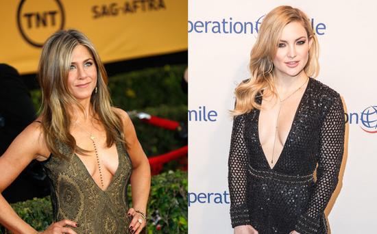 Jennifer Aniston & Kate Hudson出席重要場(chǎng)合也穿低胸裝。（圖片來(lái)源：臺(tái)灣東森新聞云）
