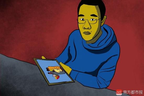 王煥凱看著一家人幸福的合照，黯然神傷，悔不當(dāng)初。（畫作者：吳斌）