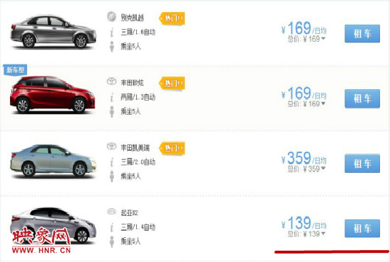 平時(shí)部分汽車租車價(jià)格。