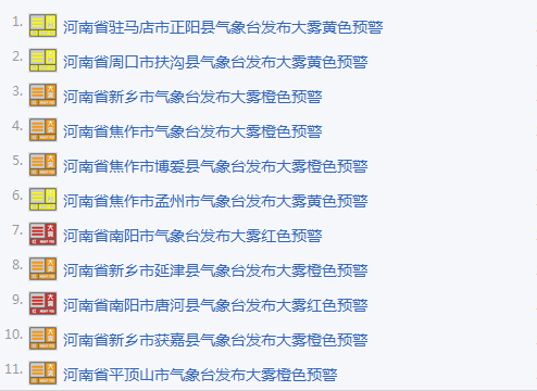 河南發(fā)布11個大霧預(yù)警 河南發(fā)布11個大霧預(yù)警