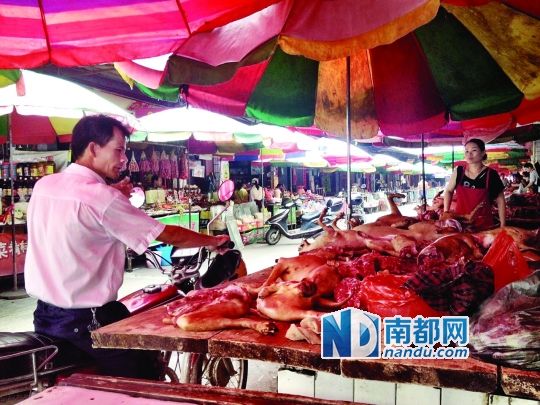 昨日，玉林垌口市場(chǎng)，一位市民在購買狗肉。