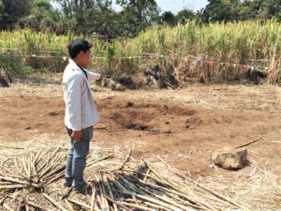 昨日，在大水桑樹村，村民向記者展示13日造成5死8傷的炸彈事件彈坑。