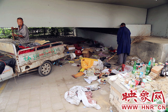 負責高架橋下綠化的人員在清理流浪漢留下的垃圾和雜物。