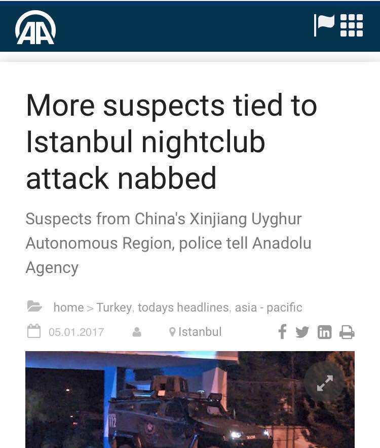 香港東網(wǎng)1月5日晚間報道稱，土耳其伊斯坦布爾元旦恐襲才發(fā)生數(shù)日，西部城市伊茲密爾周四發(fā)生汽車炸彈襲擊，至少11人受傷，當(dāng)中1人重傷，有目擊者稱現(xiàn)場傳出槍聲，警方證實4人死亡，包括2名行兇者及1名警員和法院職員。事發(fā)后不久，土耳其國營媒體阿納多盧通訊社報道稱，該國警察拘押了幾人，他們是來自中國。