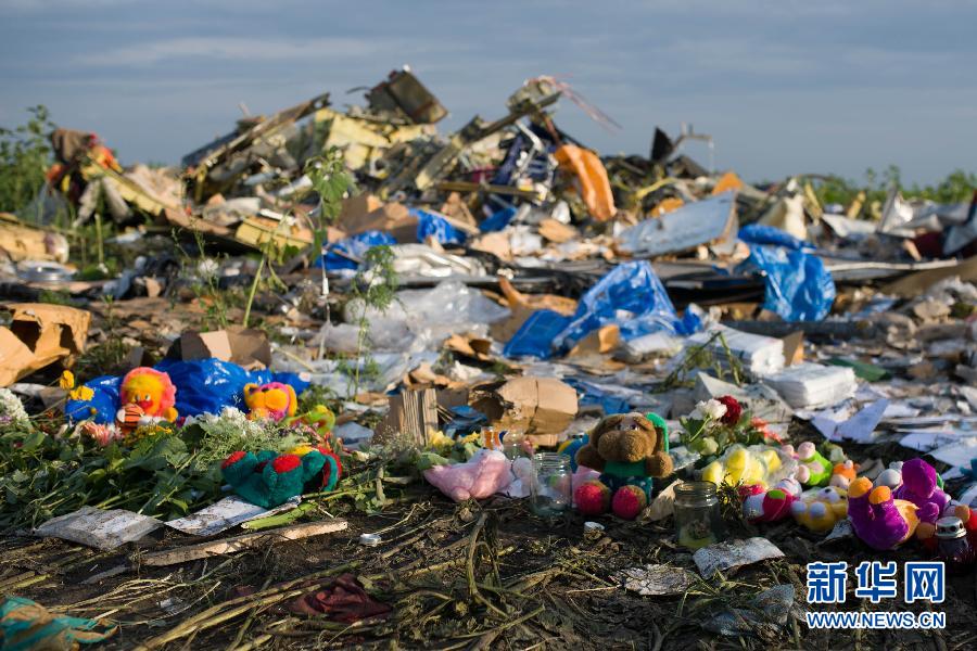 7月19日,在烏克蘭頓涅茨克州拉瑟普諾耶村附近,人們將玩具擺放在馬航MH17航班墜機(jī)現(xiàn)場。