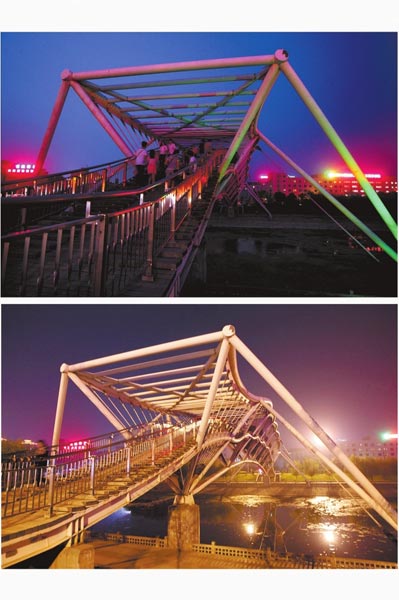 花園路西側(cè)東風(fēng)渠景觀橋，上圖攝于7月31日晚間，下圖攝于10月9日晚間。