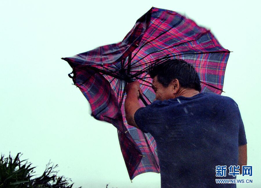 8月8日，福建省石獅市漁民在風(fēng)雨中前行。