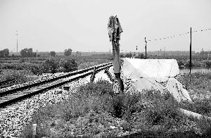 6月30日， 農(nóng)戶用搭建的窩棚和電線桿阻擋了鐵路的施工。新華社發(fā)