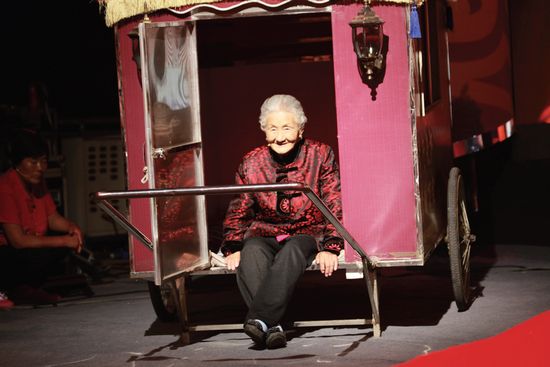 老母親坐著特制的板車十分開心 老母親坐著特制的板車十分開心